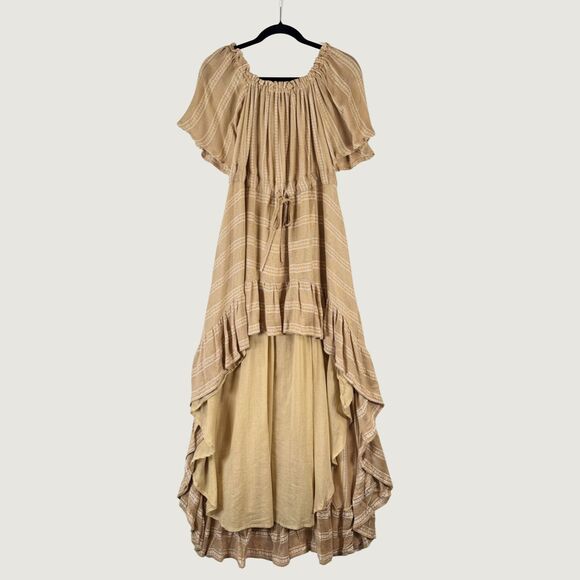 Sundress Womens Dress Beige Hi Low Off The Shoulder Striped Fit Flare Flowy XS/S - Picture 1 of 12